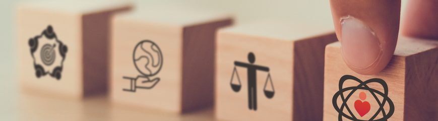 Core values,corporate values concept.  Company culture and strategy related to business, customer, people, company growth. Principles guide company's action. Core values icon on flat wood cube. Banner
